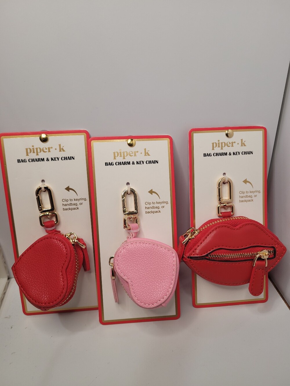 👉✨️ piper k Heart And Lip Bundle Of 3 Coin Purse Keychain - Red & Pink